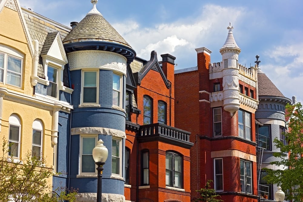 A row of historic and impressive multicolored buildings in Dupont Circle in Washington, D.C. 
