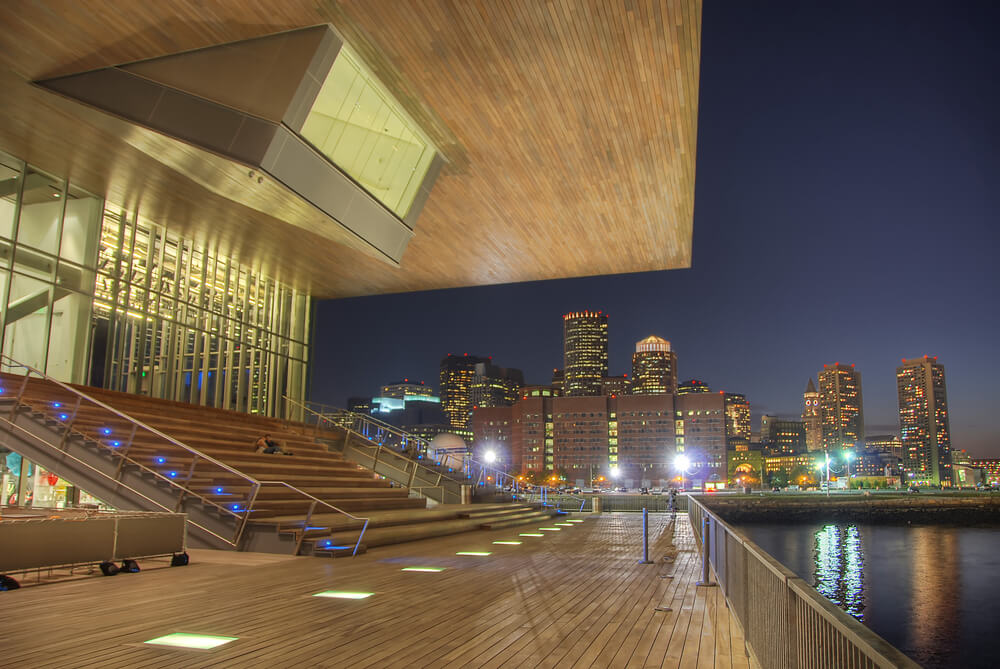 Institute of Contemporary Art in Boston and night view of the city 