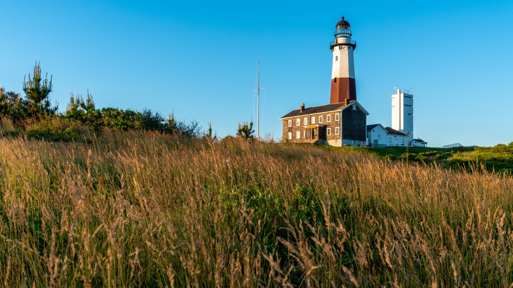 tall grass and historic lighthouse in Montauk Long Island New York