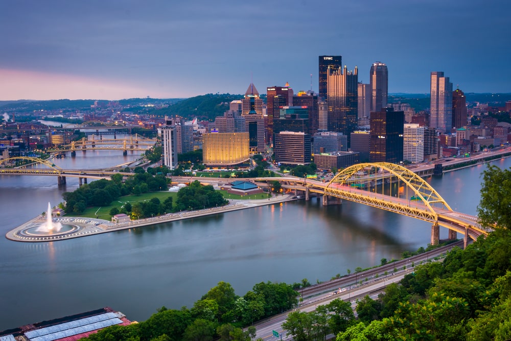 view of the city of Pittsburgh at night