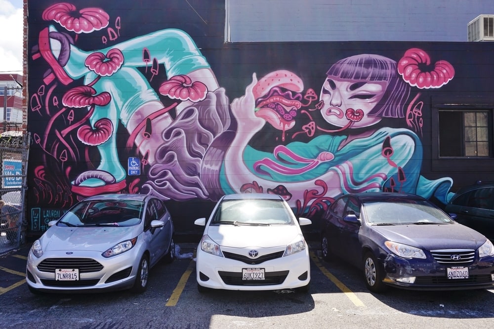 large colorful mural in parking area in San Francisco