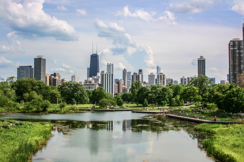 Chicago skyline view seen from the lush green of Lincoln Park