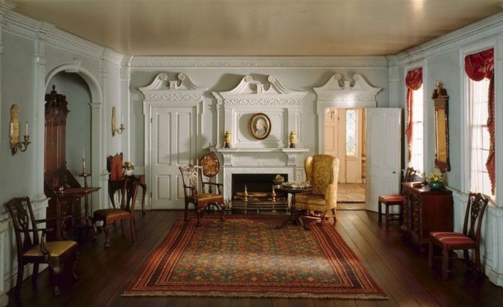 a close up look at one of the Thorne Miniature rooms with lots of small furniture and decorative elements
