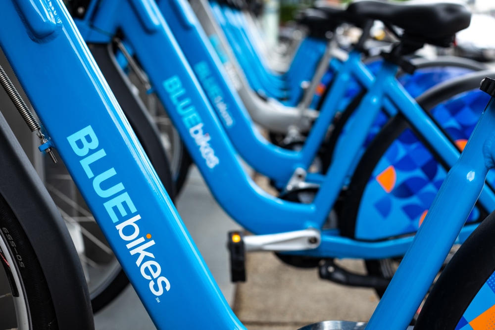 a close up shot of a blue bicycle from the bike sharing company Blue bikes