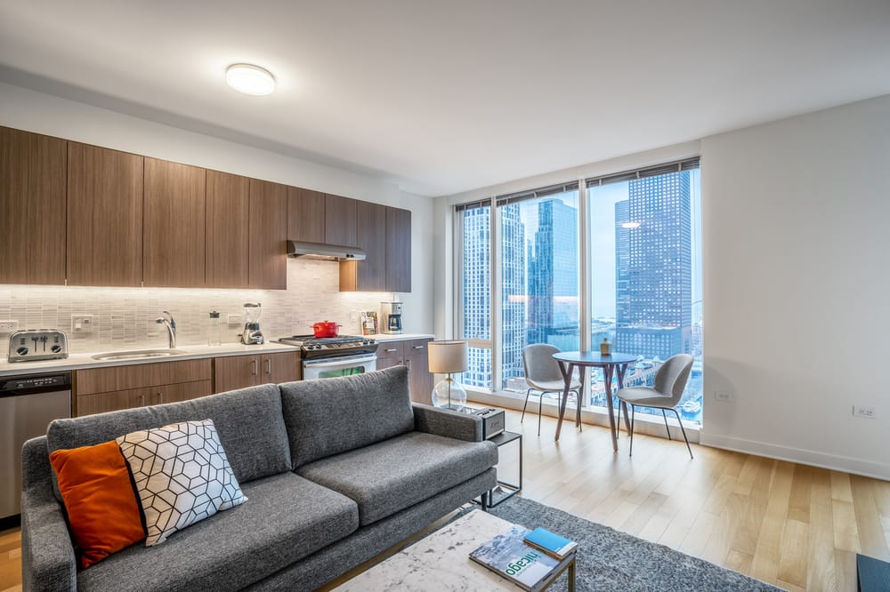 streeterville one bedroom apartment living room and kitchen combo