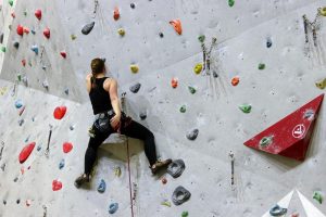gyms in San Francisco girl in harness climbing a rock wall at her local gym