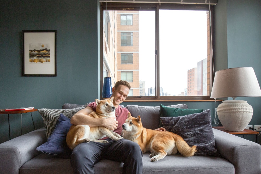 A blonde man smiling and wearing a red shirt and black pants sits on a grey couch with lots of textured pillows while he hugs his two brown and white corgi dogs.