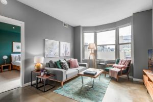 A bright living room of a Blueground property in D.C. There is a grey couch and a turquoise rug with a wooden coffee table on top. There are throw pillows made of different colors and fabric materials on the couch. There is an end table with a lamp on it to the right of the couch and to the let is a standing lamp in front of the window