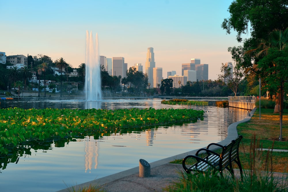 housing Los Angeles Park with fountain and skyline view