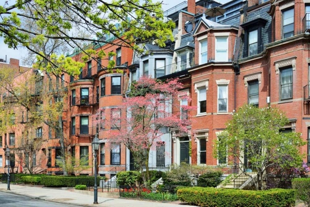 A row of red brick townhouses and lots of trees along the street in Boston