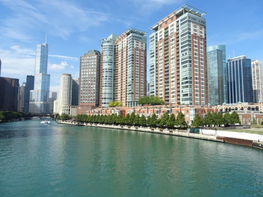 view of buildings in Chicago from the river