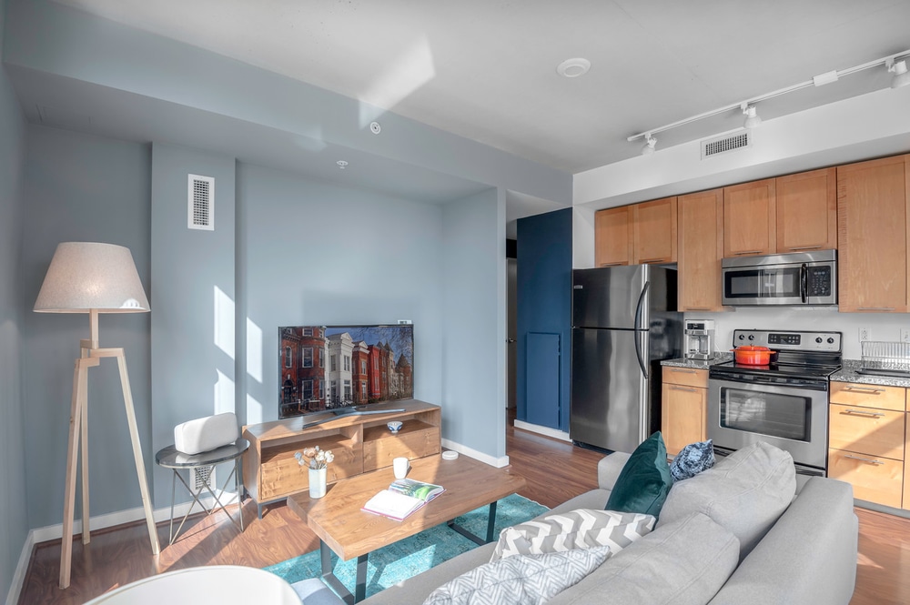Georgetown apartments DC living room kitchenette with detailed blue rug and wooden coffee table