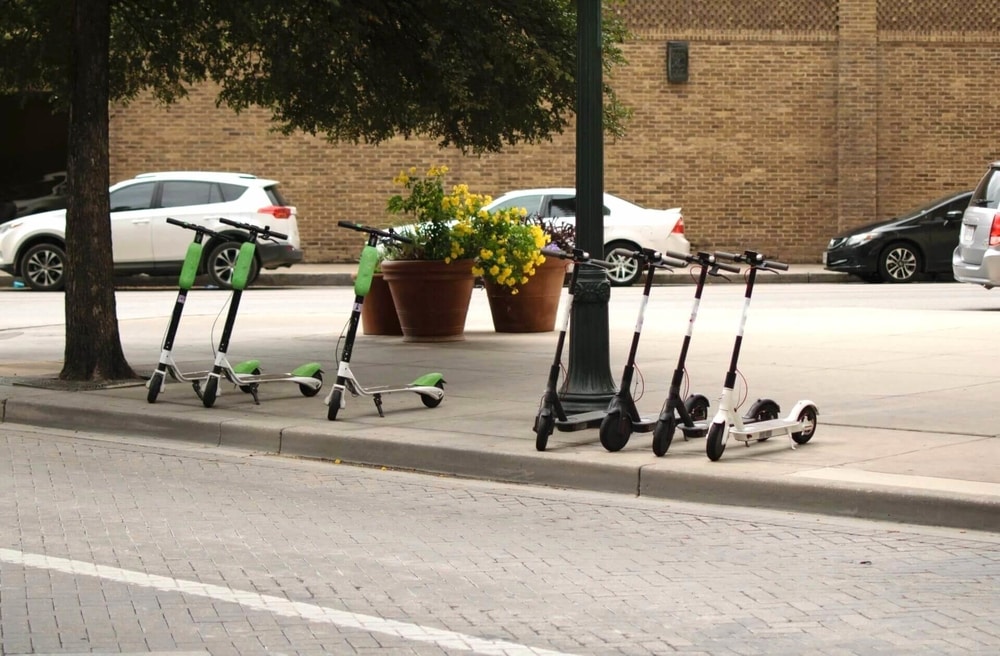 bird scooter in los angeles lime and bird scooters lined up on a sidewalk under a tree