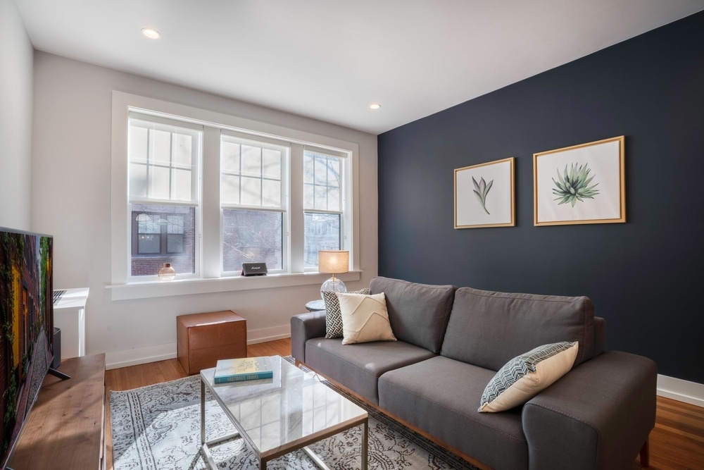 blueprint blueground one bedroom apartment Boston apartment with grey two seat couch against dark blue wall