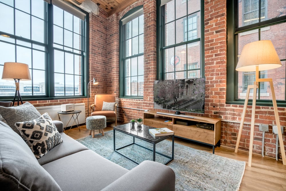 exposed brick loft living room