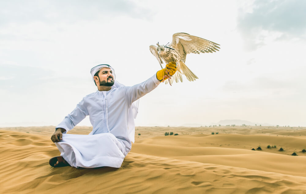 A man wearing a traditional outfit sits on the sand dunes of Dubai with a hawk on his outstretched arm.