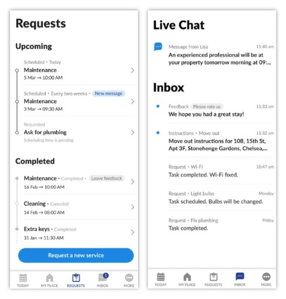 Two screenshots from the Blueground Guest App display screen. One of the screenshots shows the Requests that have been issued by the guest. Then on the right side is the Live Chat and the Inbox that the guest can use to communicate with our team.