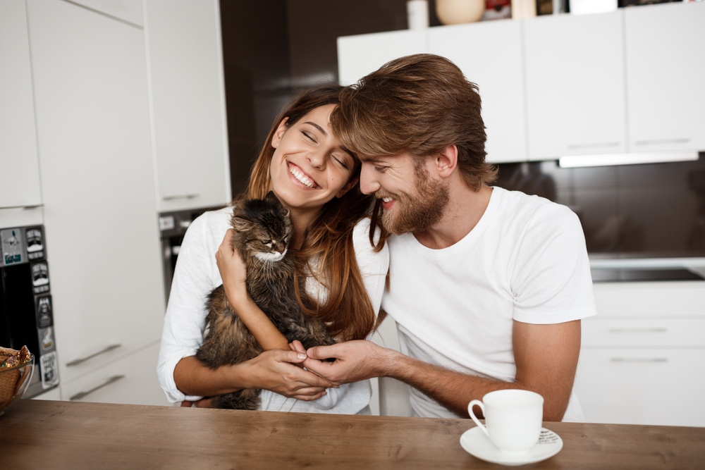 a young couple petting their brown furred cat in the kitchen of their pet-friendly Seattle apartment