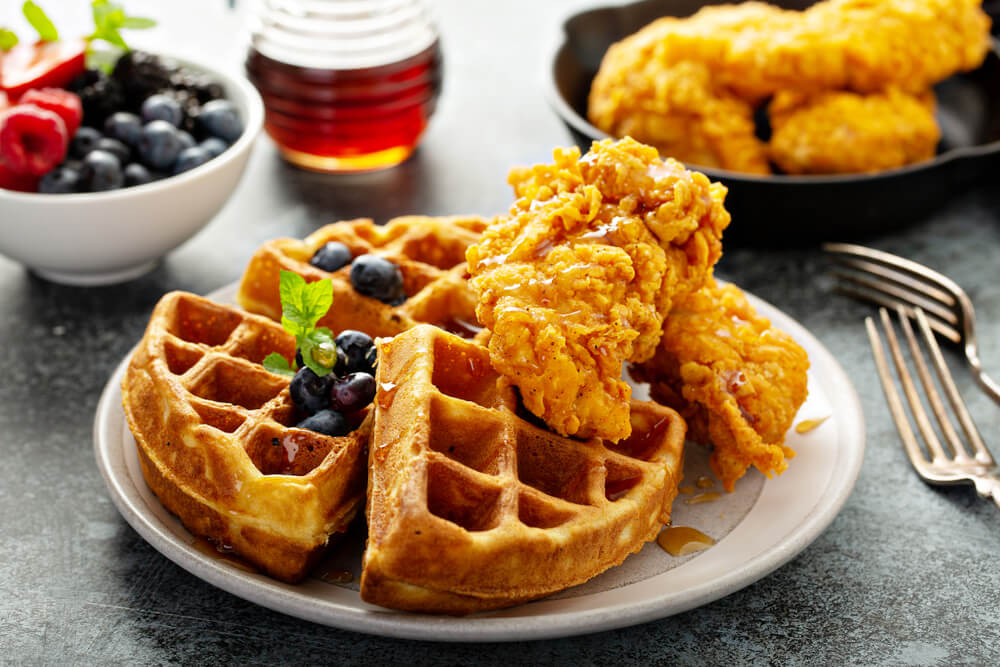 chicken and waffles with syrup