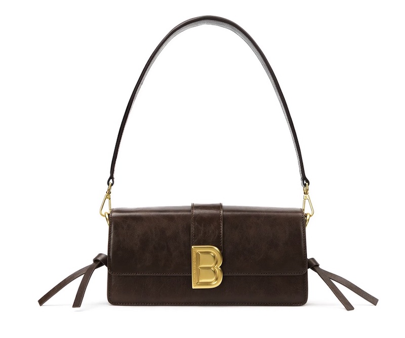 envelope style brown leather handbag with gold details