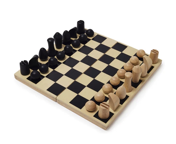 wooden chess set with minimal chess pieces 