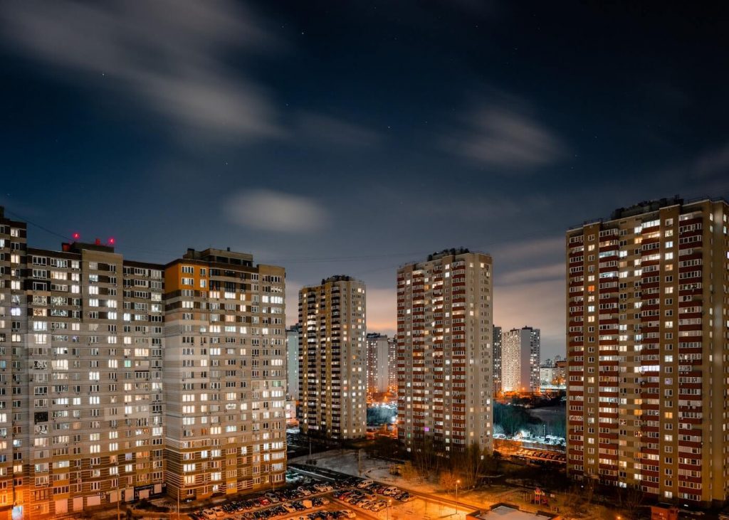 high rise buildings at night